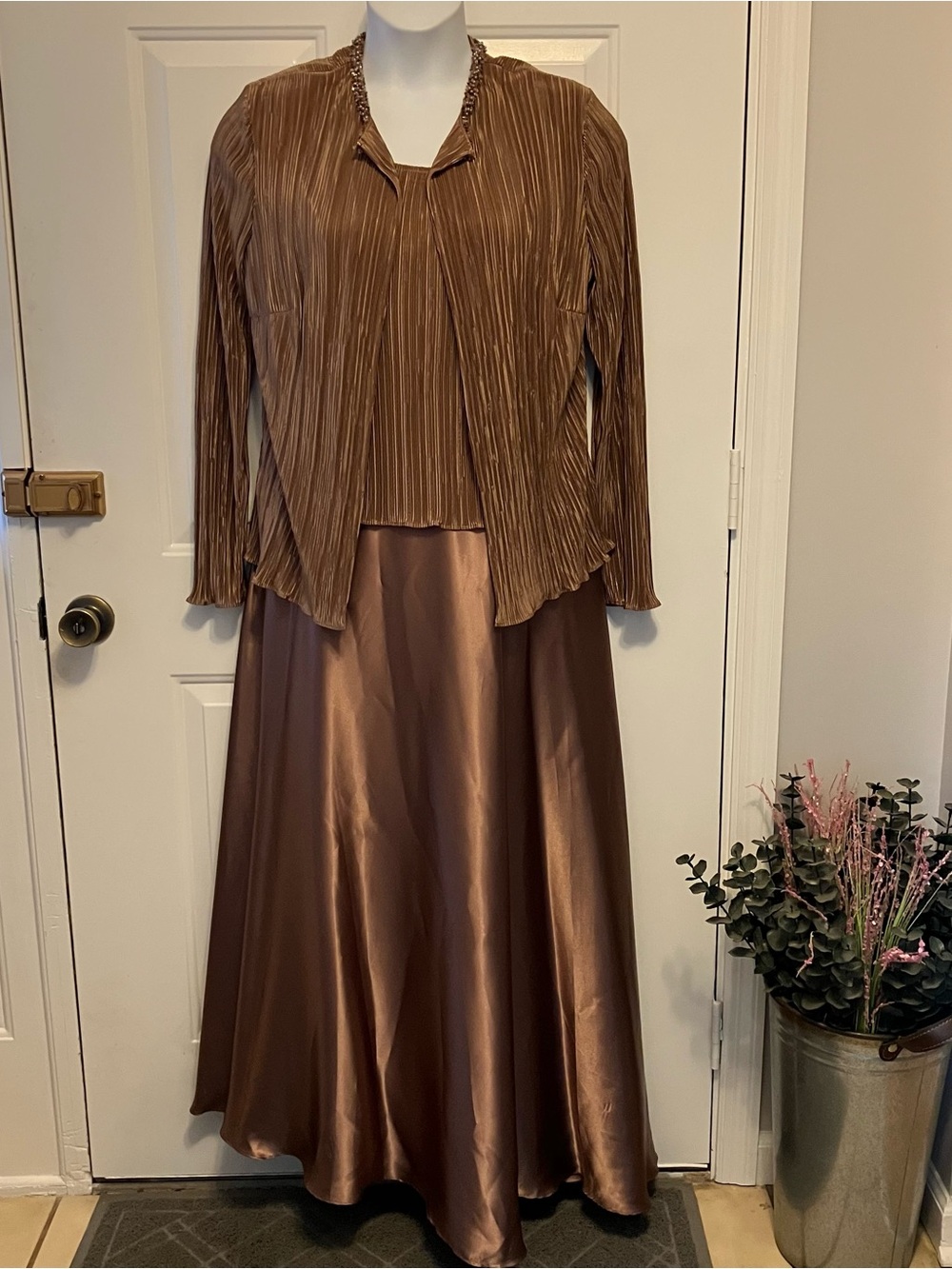 Cachet Bronze Brown Pleated Jacket Satin Maxi Formal Dress Evening Gown Wedding
